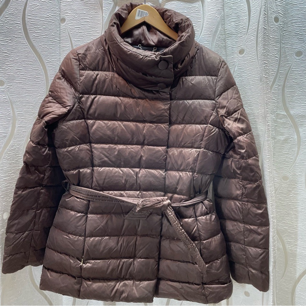 Geox Respira Puffer Jacket Womens 12 Brown Excellent Belted Quilted Funnel Neck